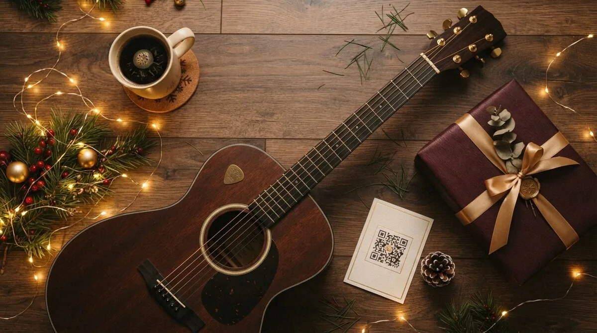 Akustická kytara, hrnek kávy, vánoční světýlka, zabalený dárek se zlatou stuhou a kartička s QR kódem na písničku